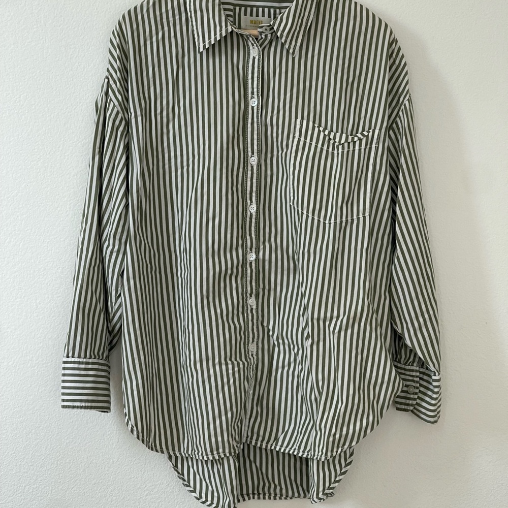 Anthropologie Green and White Striped Button Down Shirt